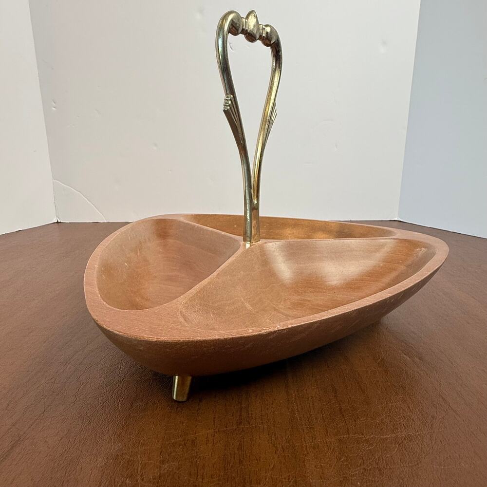 Vintage Kromex MCM Wood Nut Tray with Brass Handle Mid Century Modern